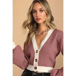 Lulus Here Comes A Holiday Red And White Striped Button-up Cardigan - Size XS